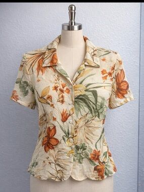 Floral Button-Front Short Sleeve Top - Cream & Orange